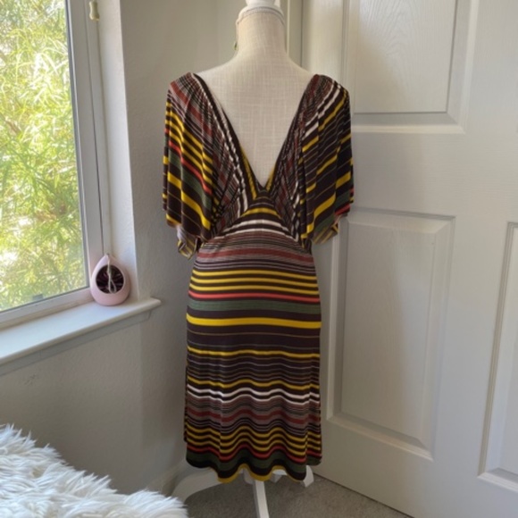 Viva You | Multicolor Brown Striped Midi Dress | 2000s Cape Sleeve V-Neck Size S - Picture 5 of 8